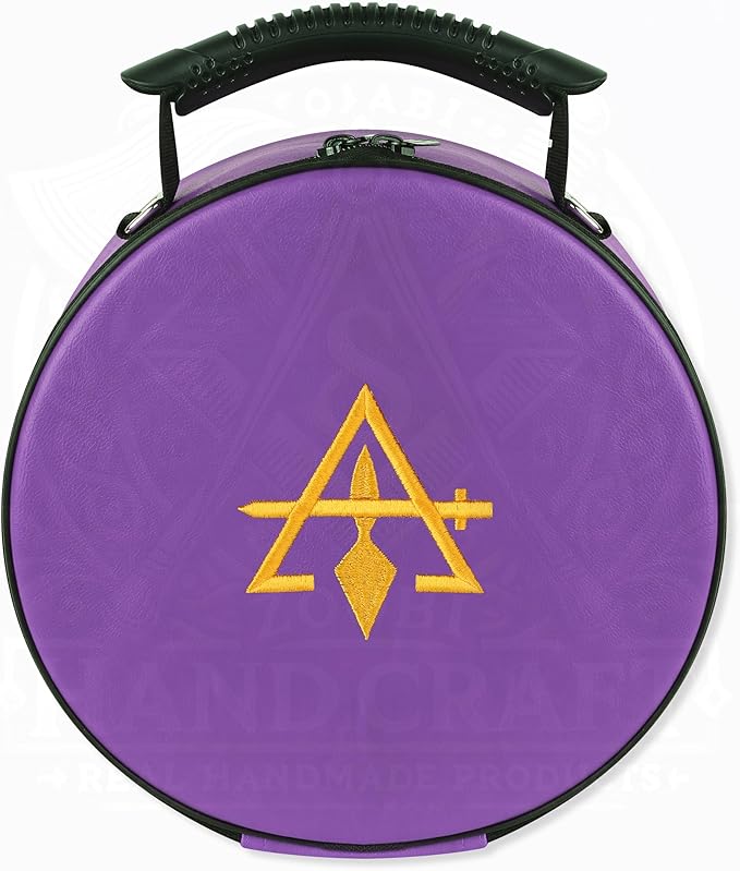 Masonic Cryptic Masons Crown Cap Case – 9”x9” Purple Embroidered (R&SM Emblem) Freemason Hat Box Foldable Design with Shoulder Strap & Cotton Gloves – Lightweight & Travel-Friendly