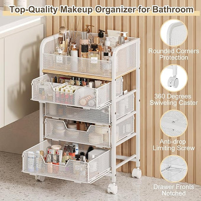 Hongtamoya Makeup Cart Organizer with 4 Drawers, Large Floor Skincare Organizers, Vanity Storage Organizer Cosmetics Display Cases for Skin Care Perfume Nail Polish, White
