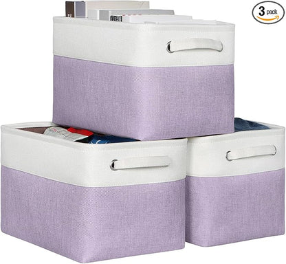 Foldable Storage Bin Collapsible Fabric Storage Basket Cube with Durable Handles Closet Organizer Bins for Organizing Shelves Drawers, Set of 3, 15" x 10" x 9.5", Purple