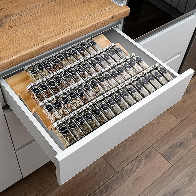 Mulush Bamboo Spice Rack Tray - Spice Drawer Organizer for Kitchen Cabinets Storage and Organization (Jars Not Included, 8 Individual Pieces, Not Adjustable)