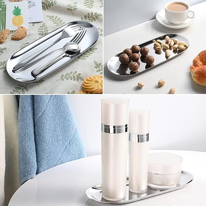 Silver Oval Vanity Tray - Stainless Steel Jewelry, Bathroom, Makeup Cosmetic, Towel Napkin Storage Organizer - 9 x 3.8 inches (LxW), Medium