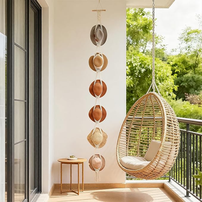 Gute Macrame Hat Hanger White - Boho Wall Mounted Hat Rack Organizer for Women, Fits Wide Brim/Fedoras/Sun/Cowboy Hat, 6-Hat Capacity