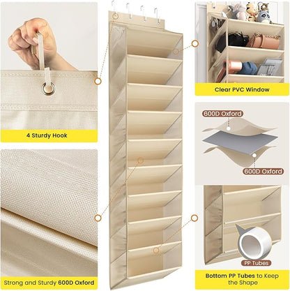 20-25 Pairs Over the Door Shoe Organizer, Clear Pockets Shoe Rack for Closet Door, 10-Tier Hanging Shoe Rack for Boots, Behind the Door Shoe Holder Fit All the Family's Sneakers, Boots, Heels, Beige