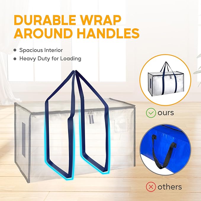 HealSmart 8 Pack Large Moving Bags with Zippers & Handles, Moving Supplies with lids, Heavy Duty Totes for Space Saving, Fold Flat, Moving and Storing, Clear