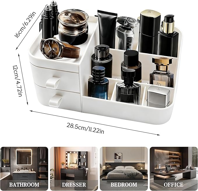 White Perfume Organizer for Men with Drawers, Cologne Organizer for Men, Mens Organizer for Cologne and Jewelry, Cologne Holder for Mens Dresser Bedroom, Bathroom Organizer and Storage