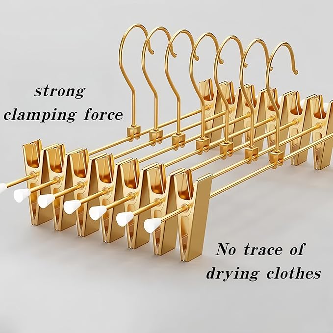 Gold Aluminum Pants Hangers,Hangers with 2-Adjustable Clip,Solid Skirt Hangers Space Saving Hanging Clothes Hangers Metal Rack for Trouser