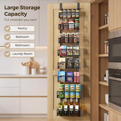 Delamu 8 Tier Over the Door Pantry Organizer, 2in1 Hanging or Wall Mount Spice Rack Seasoning, Adjustable Heavy-Duty Narrow Pantry Door Organizer and Storage for Kitchen Cabinet and Bathroom,12" Black