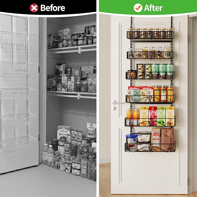 6-Tier Over the Door Pantry Organizer, Pantry Organization And Storage, 60.4"H Adjustable Metal Hanging Storage Organizer Metal Shelving for Home & Kitchen, Office Laundry Room Bathroom Black