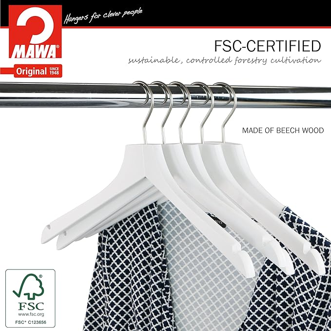 MAWA by Reston Lloyd, European Wooden Hanger, Beech Wood Straight Hanger with Shoulder Notches, Rotating Chrome Hook, White Finish, for Shirts, Blazers, Dress Clothes, Set of 5 (26135)