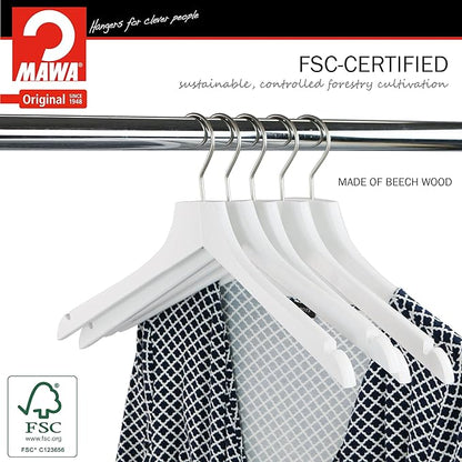 MAWA by Reston Lloyd, European Wooden Hanger, Beech Wood Straight Hanger with Shoulder Notches, Rotating Chrome Hook, White Finish, for Shirts, Blazers, Dress Clothes, Set of 5 (26135)