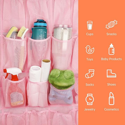 NiHome Multi-Functional 35 Pockets Door Hanging Organizer Fit for Stanley Tumbler in Kitchen, Pantry, Bathroom, Large Capacity Elastic Mesh Secure Storage Water Bottle Cup Holder, Foldable (Pink)
