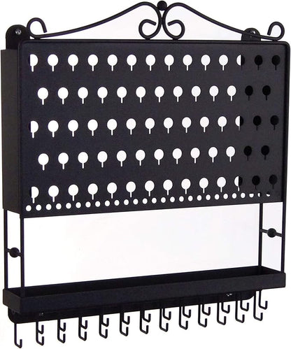 Angelynn's Wall Mounted Earring Holder Necklace Organizer for Small and Medium Post Stud Dangle Pierced Earrings, Hanging Closet Jewelry Storage Rack with Tray, AAA Black 14 1/2" x16 1/4"