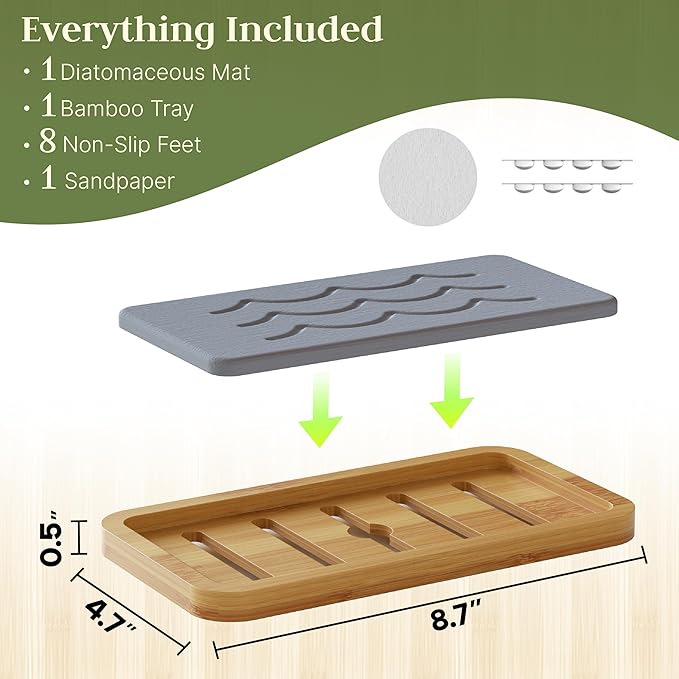 Water Absorbing Stone Tray for Sink, Kitchen Sink Caddy Organizer, Diatomite Bathroom Vanity Counter Tray, Soap Dispenser Sponge Holder, Fast Drying Stone Faucet Mat with Bamboo Tray