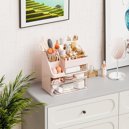 Yieach Pink Makeup Organizer Countertop With 4 Drawers,Large Cosmetics Storage Organizer for Brush,Hair Products,Plastic Makeup Holders and Beauty Skincare Organizers for Bathroom,Vanity,Dresser Top