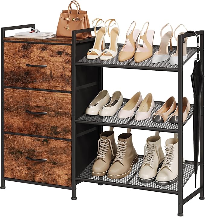 Somdot Shoe Rack, 3 Tier Shoe Organizer with 3 Drawers, Metal Shoe Storage Shelf for 6-9 Pairs of Shoes with Fabric Shelves and Wooden Top, Narrow Shoe Rack for Entryway, Wood Grain Print