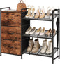 Somdot Shoe Rack, 3 Tier Shoe Organizer with 3 Drawers, Metal Shoe Storage Shelf for 6-9 Pairs of Shoes with Fabric Shelves and Wooden Top, Narrow Shoe Rack for Entryway, Wood Grain Print