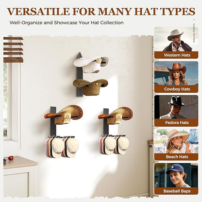 Cowboy Hat Rack for Wall, Cowboy Hat Holder Wall Mount Holds up to 6 Hats, Wooden Western Rustic Metal Hat-Organizer with Arrow Sign Board, Display and Decor Rack for Fedora, Sun Hats,Baseball Caps