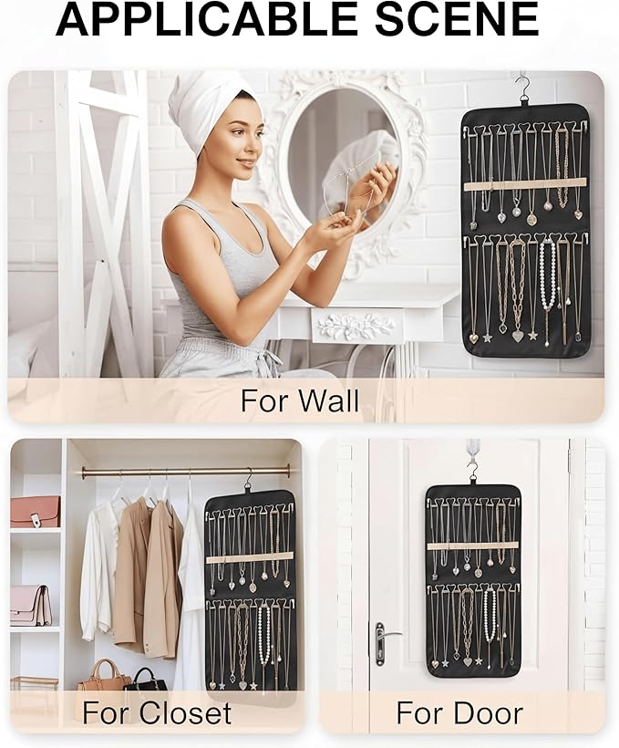 Hanging Jewelry Organizer, Dual-Sided Necklace Holder with Multiple Clear Pockets - Wall Mount & Over The Door Closet Storage for Earrings, Rings, Bracelets - 360° Rotating Hanger (1, Black, M)