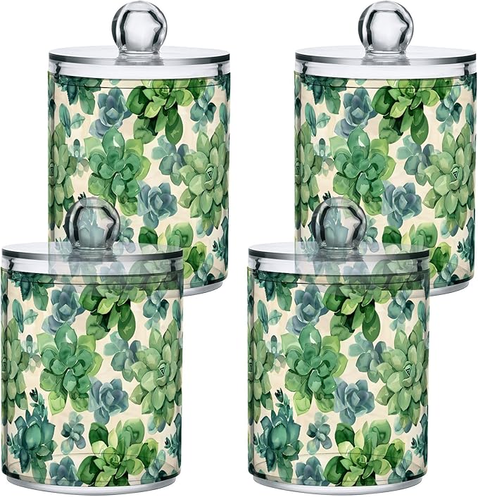 ALAZA 4pcs Flowers Boho Green Qtip Holder Dispenser 14 oz Bathroom Storage Clear Apothecary Jars Containers Cotton Ball,Cotton Rounds,Floss Picks, Hair Clips, Food