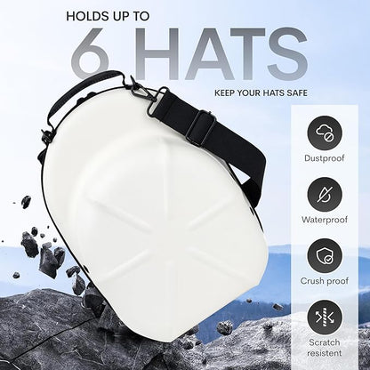 Golf Hats Baseball Caps Travel Case - Hat Carrier & Organizer | White Hard-Shell | Fits 6 Caps | Protect Hats | Ventilated EVA, Double Zipper, Handle & Strap