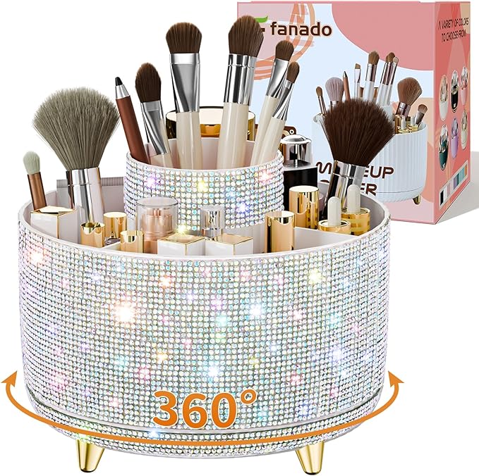 fanado Bling Diamond Makeup Brush Holder, 360° Rotating Makeup Organizer, 5 Slot Make up Brushes Cup for Countertop, Storage for Cosmetics Pen Eyeliner Skincare on the Vanity ((Diamond white AB)