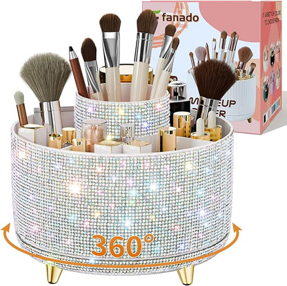 fanado Bling Diamond Makeup Brush Holder, 360° Rotating Makeup Organizer, 5 Slot Make up Brushes Cup for Countertop, Storage for Cosmetics Pen Eyeliner Skincare on the Vanity ((Diamond white AB)