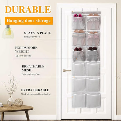 GOMAJI 12 Large Breathable Mesh Pockets, Over The Door Shoe Organizer, Boots Hanging Storage Shoe Rack for Closet, Accessories - Gray