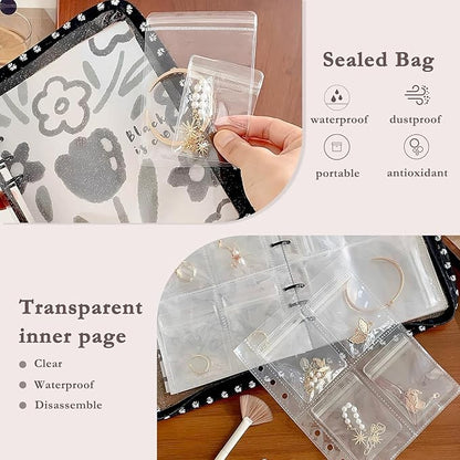 Jewelry Organizer Travel,Jewelry Storage Book with 45 Portable thick PVC pouches,Jewelry Organizer Zipper Bags for Necklaces Bracelet Rings and Earrings (front cover removable),Black