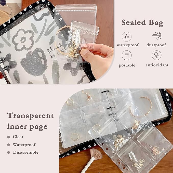 Jewelry Organizer Travel,Jewelry Storage Book with 80 Small PVC pouches,Portable Jewelry Organizer Zipper Bags for Necklaces Bracelet Rings and Earrings (front cover removable),Black