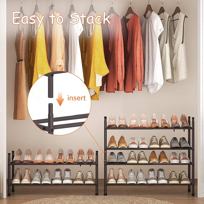 TZAMLI 2-Tier Expandable Metal Shoe Rack for Closet, Stackable Shoe Organizer Adjustable Shoe Storage Small Shoe Shelf for Entryway Entrance, 17.2"-30" x 9" x 14" Inch Brown