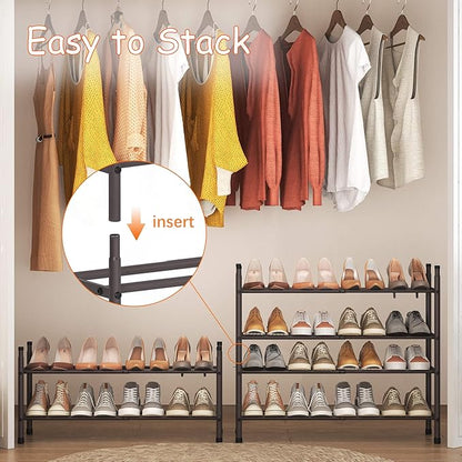 TZAMLI 2-Tier Expandable Metal Shoe Rack for Closet, Stackable Shoe Organizer Adjustable Shoe Storage Small Shoe Shelf for Entryway Entrance, 17.2"-30" x 9" x 14" Inch Brown