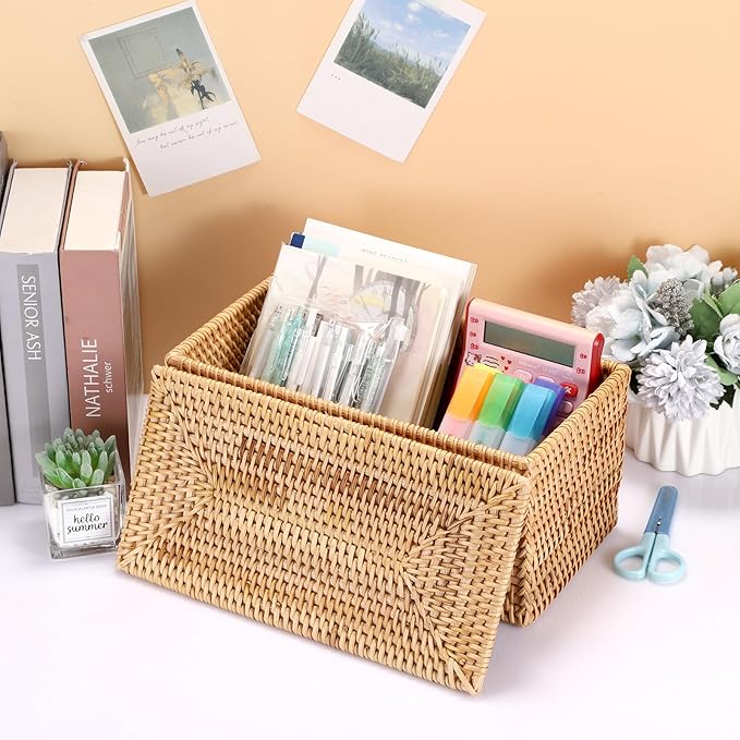 Hipiwe Rattan Basket Box with Lid Handwoven Wicker Storage Basket Bins Lidded Decorative Baskets Rectangular Household Baskets for Shelf Organizing Home Decor, 11.8"Lx6.2"Wx6.1"H