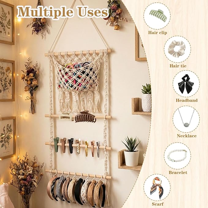 Hair Clip Holder Organizer Macrame Bow Organizer for Girls,Headband Holder Hair Accessories Storage Large Capacity Wall Hanging for Door Bedroom Wardrobe Home Decor (Beige A)