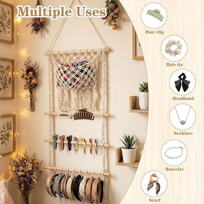 Hair Clip Holder Organizer Macrame Bow Organizer for Girls,Headband Holder Hair Accessories Storage Large Capacity Wall Hanging for Door Bedroom Wardrobe Home Decor (Beige A)