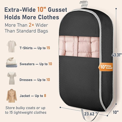 DIMJ Garment Bags for Hanging Clothes 10" Gusseted, Space Saving Compression Suit Bag Travel with Handles Window, Washable Carry Clothing Storage Cover for Dress, Coats, Jacket, Shirts,43" 2 Pack