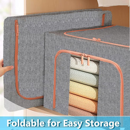 Linen Clothes Storage Bags, Sturdy Closet Organizers and Storage Bin with Hold Shape Metal Frame, 2 Opening Ways Fabric Visible Lidded Storage Box for Organizing Clothing,Bedding (2 Pack, 24L)