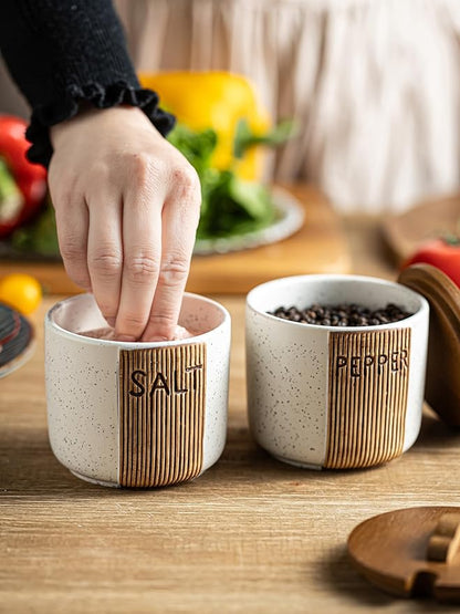 Salt and Pepper Bowl Ceramic, 10 Oz Salt and Pepper Cellar with Lid and Spoon, Farmhouse Salt Containers for Countertop, White
