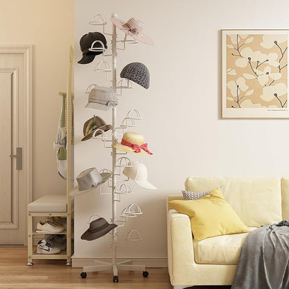 Freestanding Hats Rack Stand with 25 Customizable Circular Hooks Metal Hat Rack Hats Tree Organizer Rack Display Standing Floor Hat Stand for Home Store Commercial, White