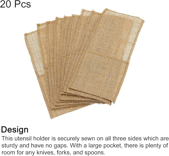 uxcell Burlap Lace Utensil Holders, 20Pcs Knife Forks Napkin Silverware Holder Bag Cutlery Pouch for Wedding Party Decoration