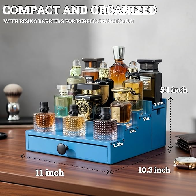 Wooden Cologne Organizer for Men 4 Tier | Capri Ocean Blue Limited Perfume Holder Shelf for Dresser | High Grade Velvet Lining and Stylish Gift Box | Uncluttered Design Perfume Display Stand
