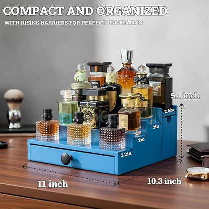 Wooden Cologne Organizer for Men 4 Tier | Capri Ocean Blue Limited Perfume Holder Shelf for Dresser | High Grade Velvet Lining and Stylish Gift Box | Uncluttered Design Perfume Display Stand