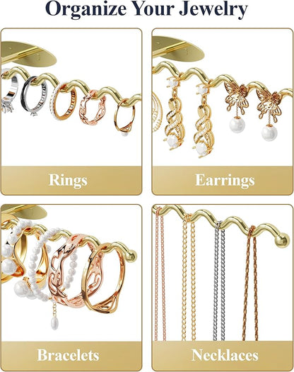 NiHome Wall Mounted Metal Jewelry Organizer Racks for Necklaces, Earrings, Bracelets, Rings, Decorative Display Wave Design Storage Holders for Bedroom, Bathroom, Kitchen, Entryway (4-Pack, Gold)