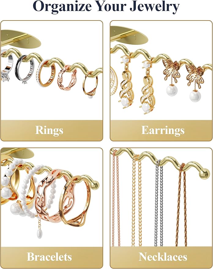 NiHome Wall Mounted Metal Jewelry Organizer Racks for Necklaces, Earrings, Bracelets, Rings, Decorative Display Wave Design Storage Holders for Bedroom, Bathroom, Kitchen, Entryway (2-Pack, Gold)