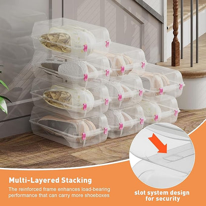 Shoe Organizer for Closet, 4 Pack Plastic Shoe Storage Boxes, Space Saving Stackable Shoe Storage Bins, Sneaker Storage Containers with Clear Lids for Display, Red