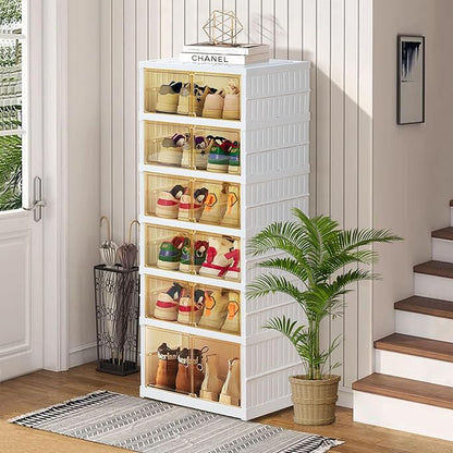 Foldable Storage Box - Clear Stackable Shoe Organizer with Lids - Large 6 Layer Shoe Rack Cabinet