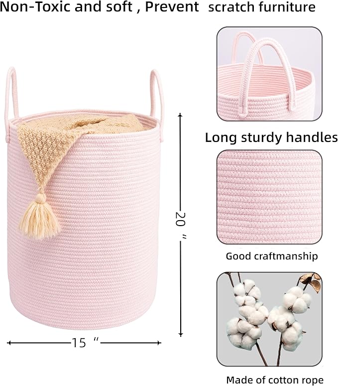 Woven Cotton Rope Laundry basket-15”X20” Laundry Hamper-Rope Storage Basket for Dirty Clothes, Toys and Blankets Perfect for Bathroom, Baby nursery and Living Room Storage (pink)