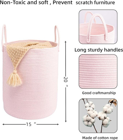 Woven Cotton Rope Laundry basket-15”X20” Laundry Hamper-Rope Storage Basket for Dirty Clothes, Toys and Blankets Perfect for Bathroom, Baby nursery and Living Room Storage (pink)