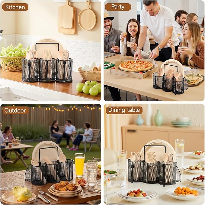 Utensil Caddy Silverware Holder for Party, Metal Mesh Cutlery Storage Organizer for Forks Spoons Napkins Plates, Perfect for Kitchen, Buffet, Picnic, Camping & Outdoor BBQ