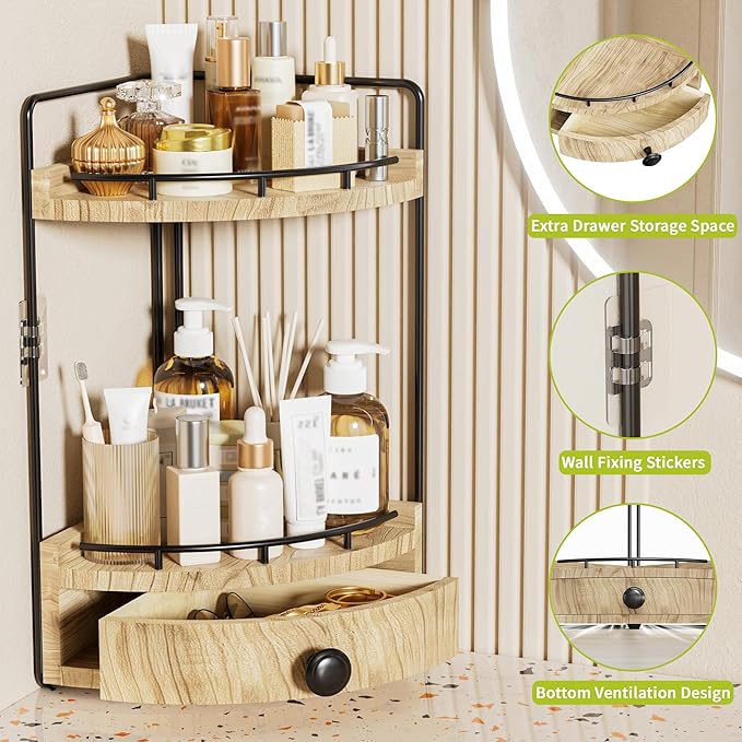 2-Tier Corner Bathroom Counter Organizer with Drawer & Embedded Screw Holes - Wooden Countertop Organizers for Skincare, Makeup Storage, Bathroom Sink Counter Shelf for Vanity, Kitchen, Wood color