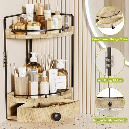 2-Tier Corner Bathroom Counter Organizer with Drawer & Embedded Screw Holes - Wooden Countertop Organizers for Skincare, Makeup Storage, Bathroom Sink Counter Shelf for Vanity, Kitchen, Wood color